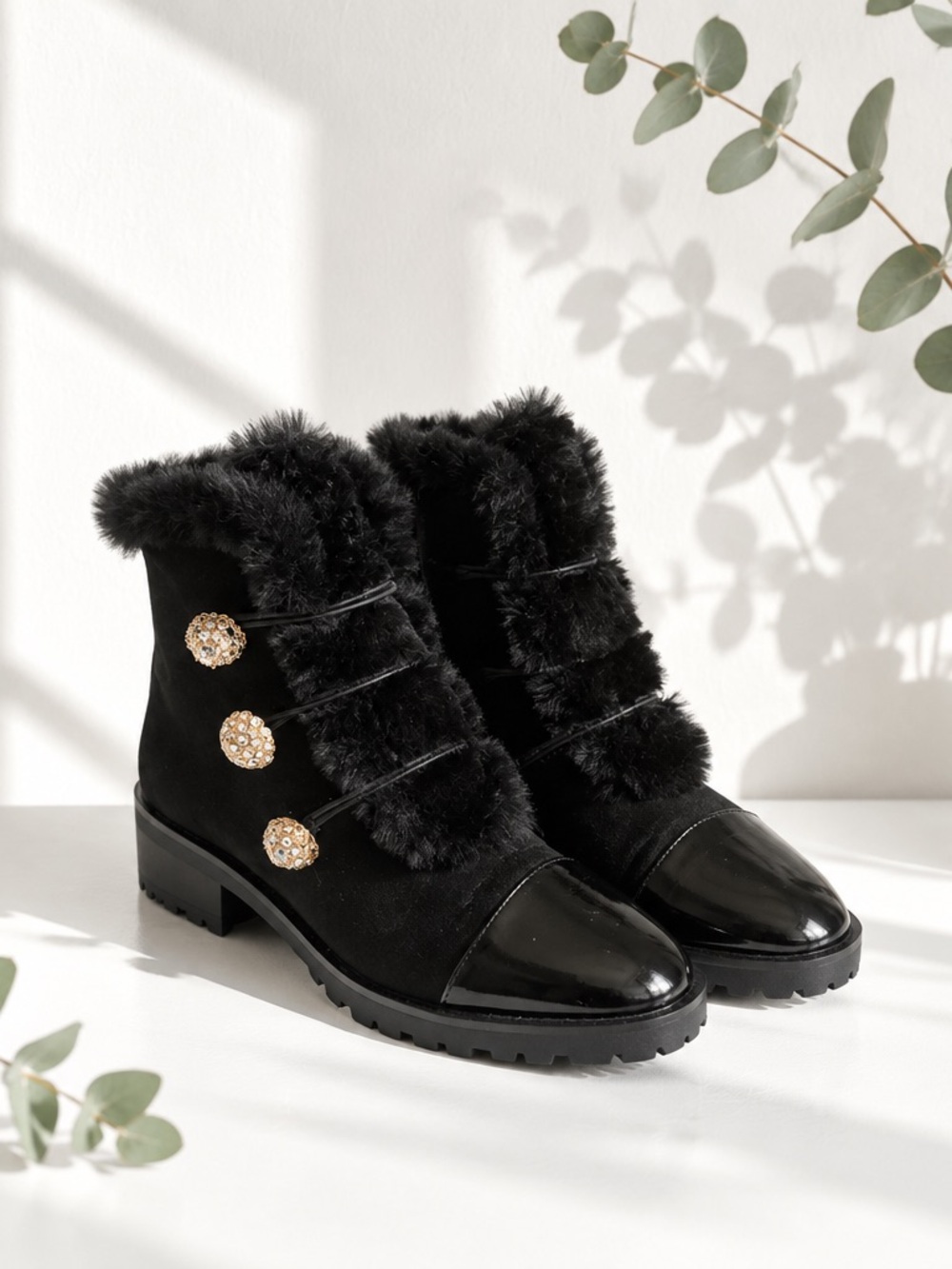 Nanette Lepore Black Faux Fur Trim Ankle Boots with Gold Button Accents